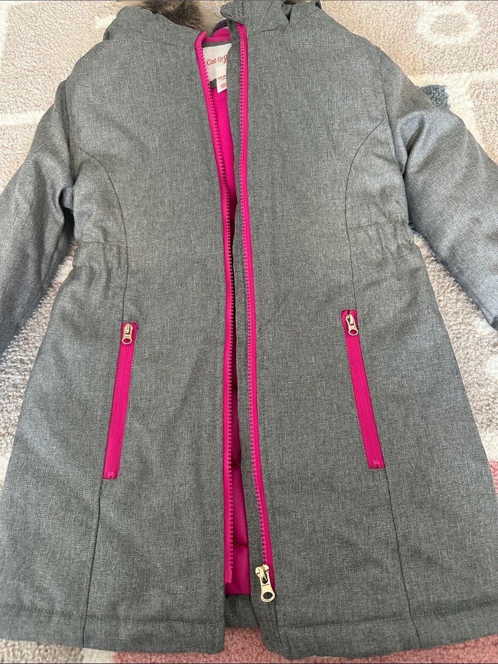 Cat & Jack Gray Coat with Bright Pink Lining and Faux Fur Hood - Picture 4 of 4